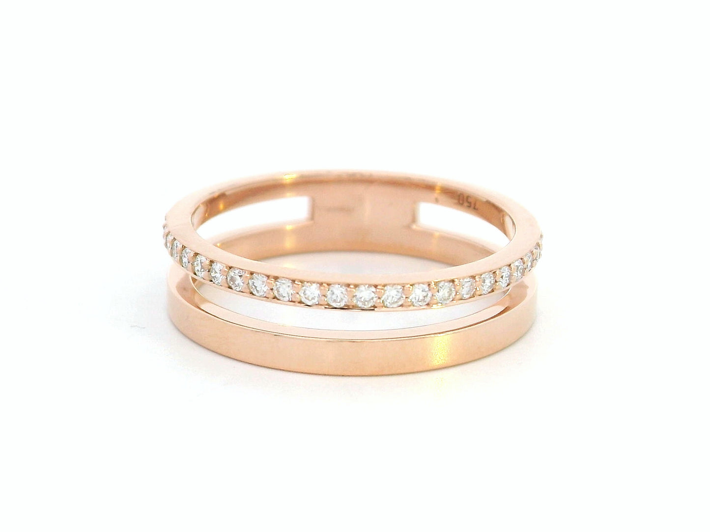 18K rose gold double band ring with pavé diamond band and polished gold band
