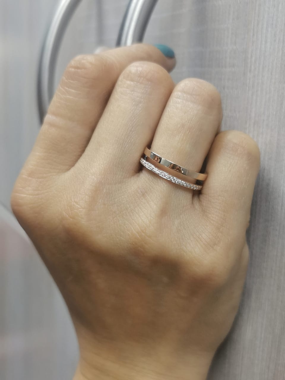 18K rose gold double band ring with pavé diamond band and polished gold band