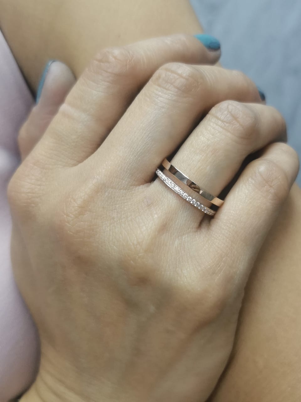 18K rose gold double band ring with pavé diamond band and polished gold band