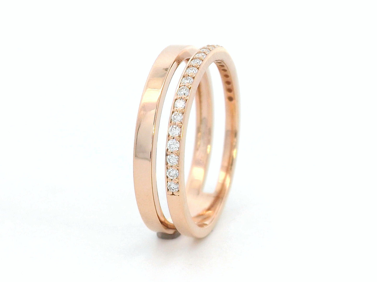 18K rose gold double band ring with pavé diamond band and polished gold band