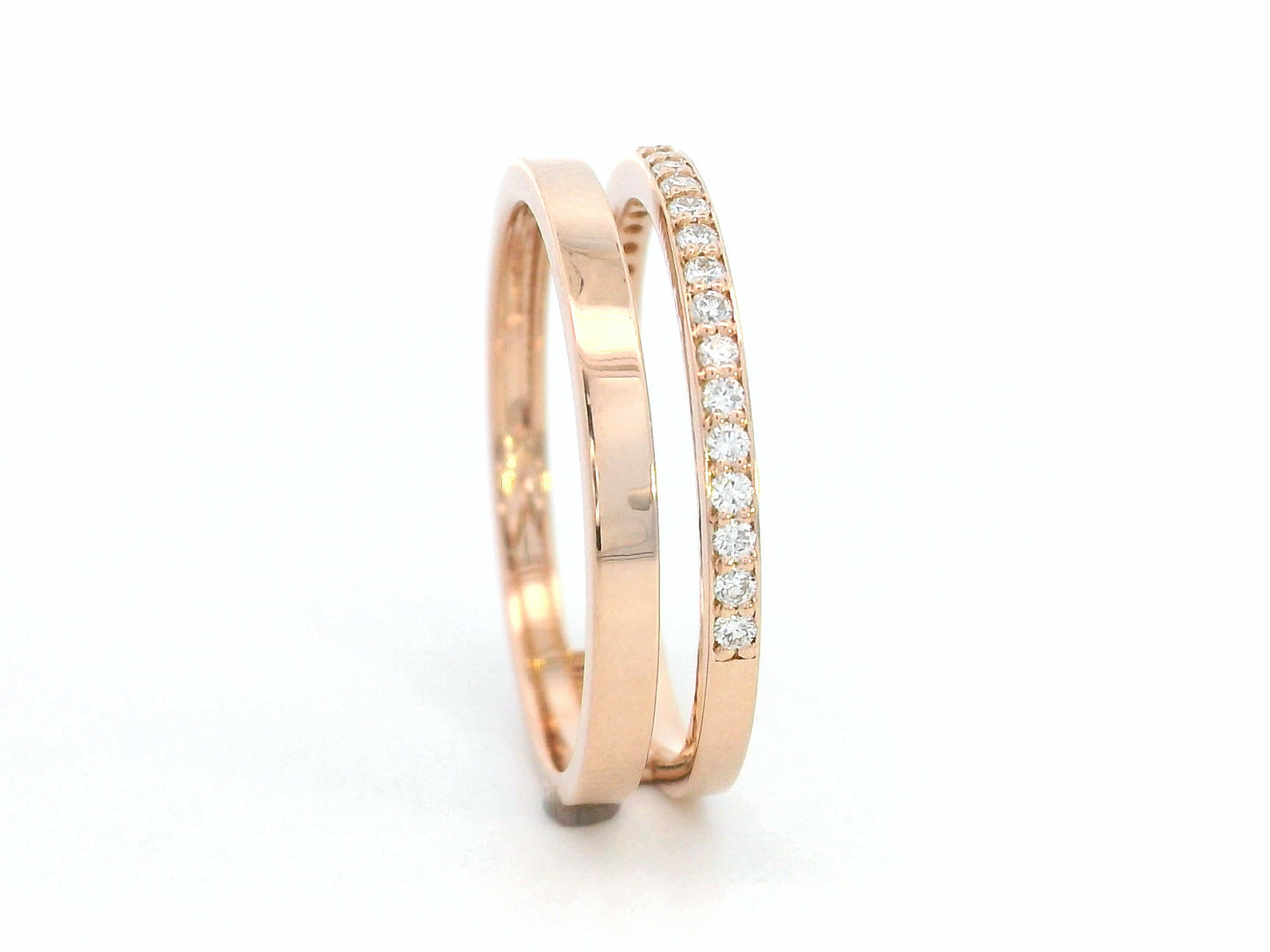 18K rose gold double band ring with pavé diamond band and polished gold band