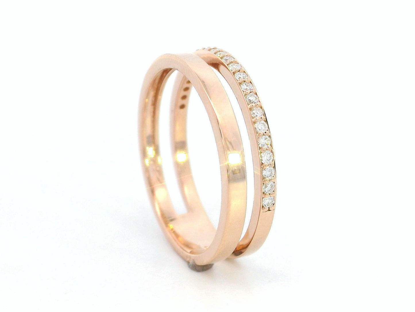 18K rose gold double band ring with pavé diamond band and polished gold band