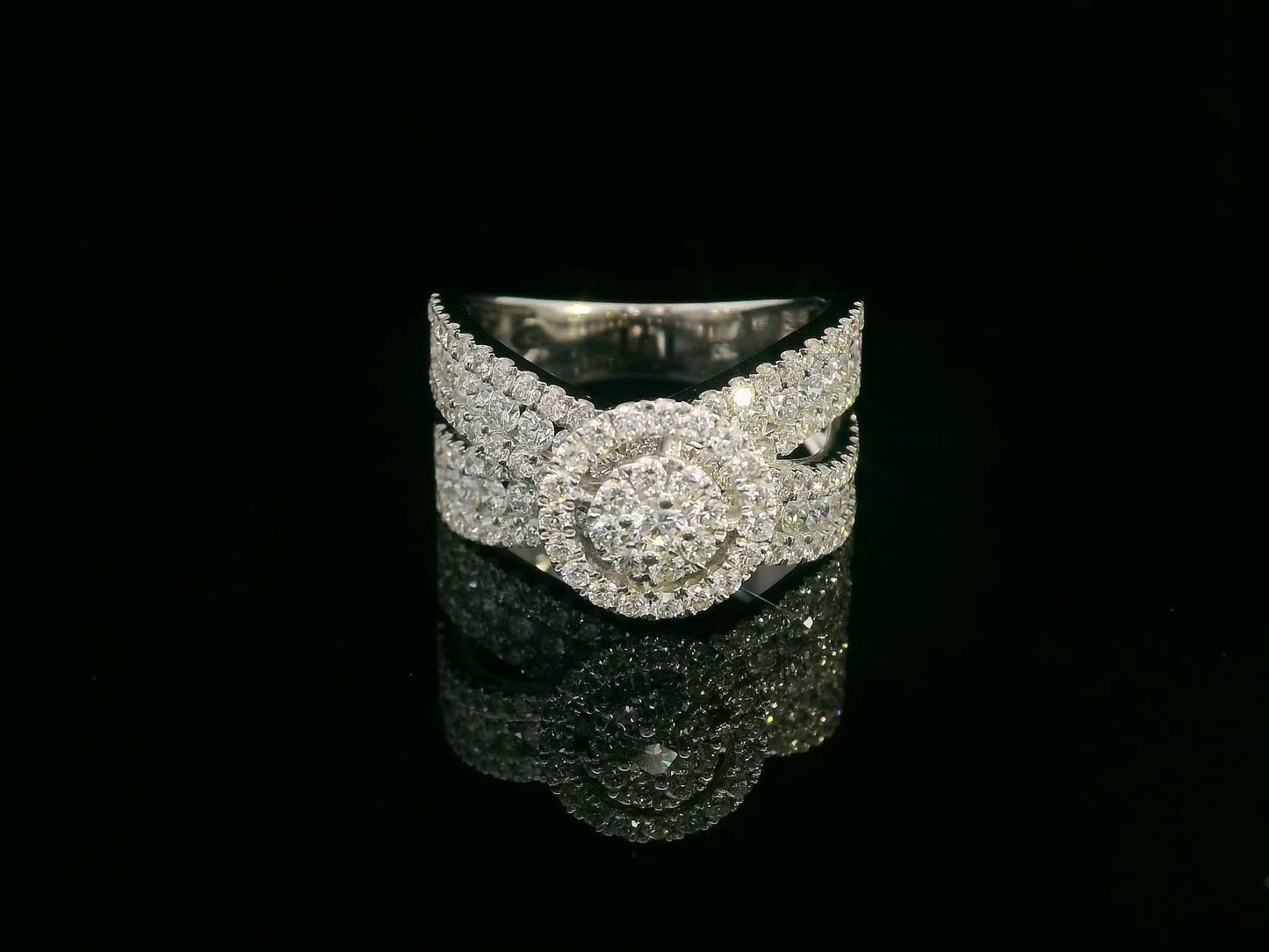 18K gold crossover diamond ring with 2.29 carat round-cut diamonds and double halo design