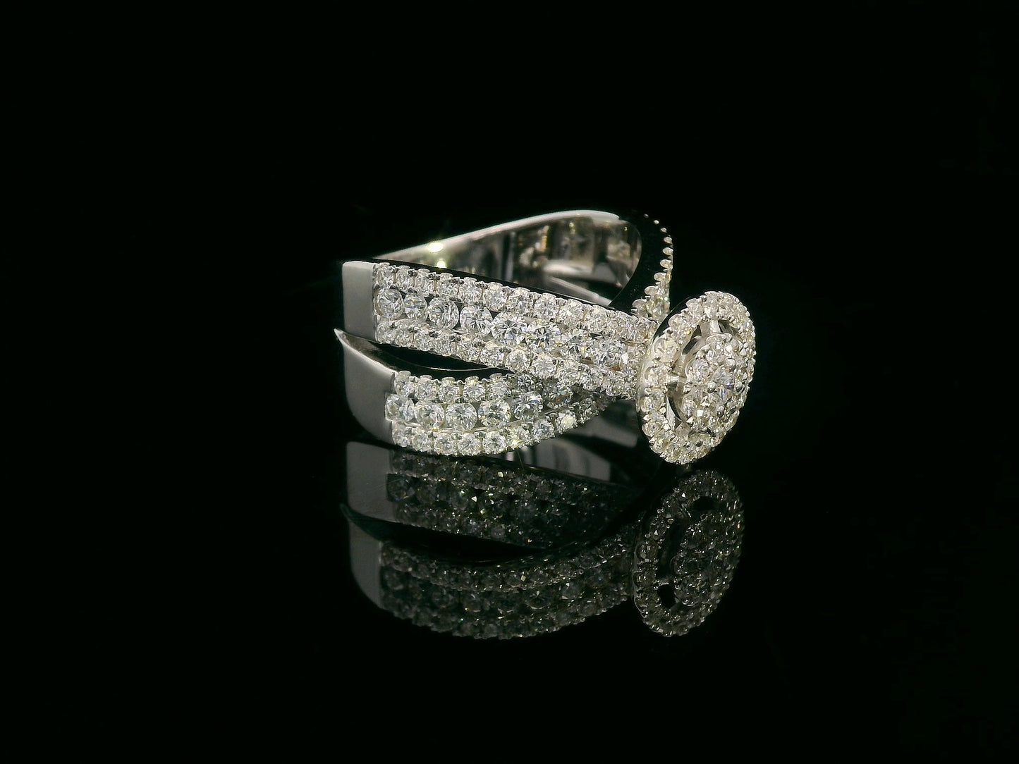 18K gold crossover diamond ring with 2.29 carat round-cut diamonds and double halo design