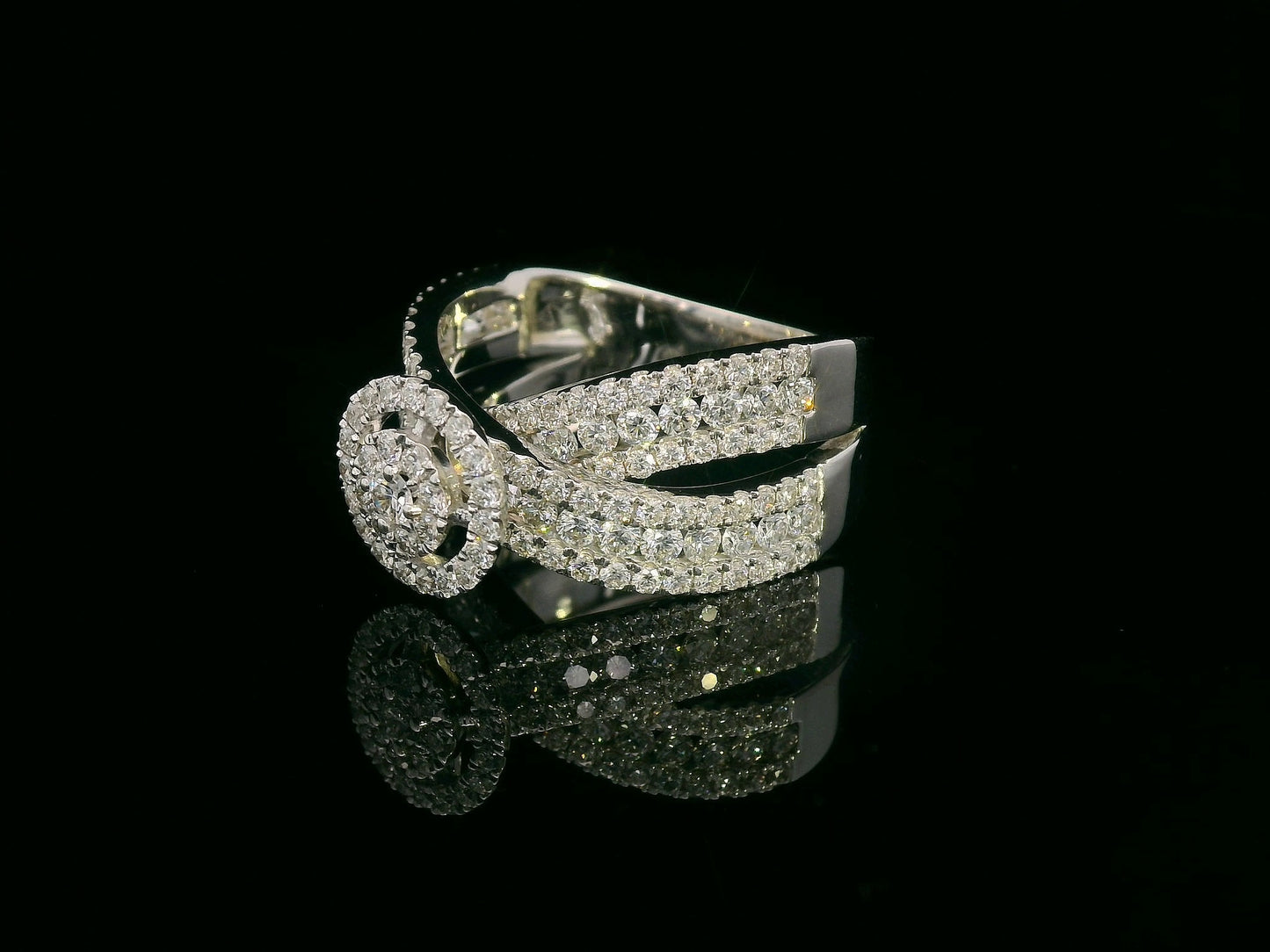 18K gold crossover diamond ring with 2.29 carat round-cut diamonds and double halo design