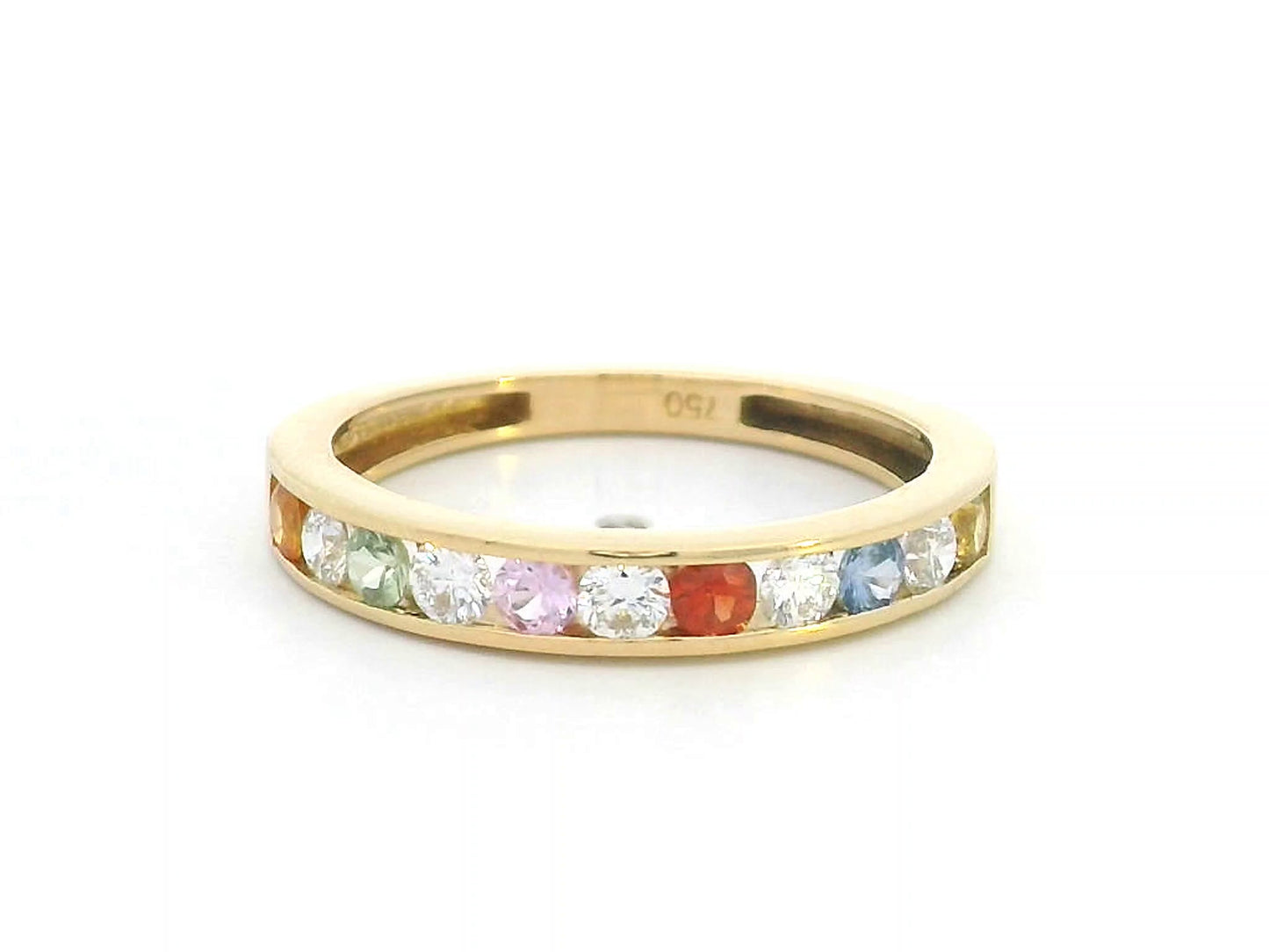 18K yellow gold band with alternating multi-color sapphires and round-cut diamonds in a channel setting