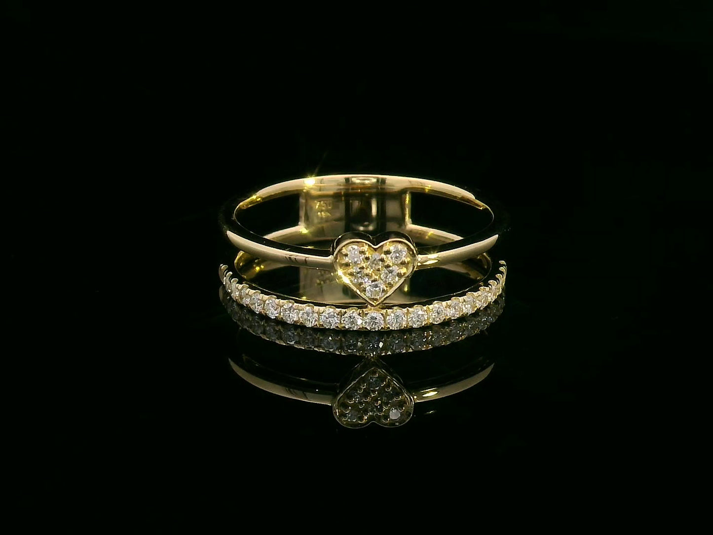 18K Yellow Gold Heart Ring with Double Band Design and 0.27 Carat Diamond Accents