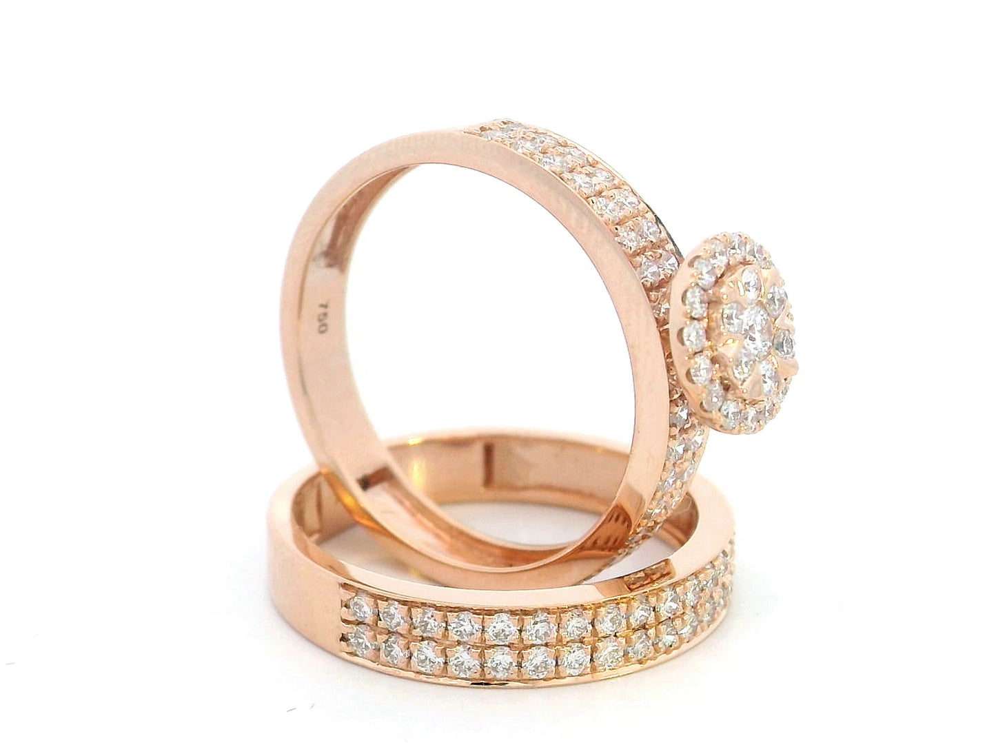 18K rose gold bridal set with floral diamond cluster engagement ring and pavé-set wedding band – 1.03 carats