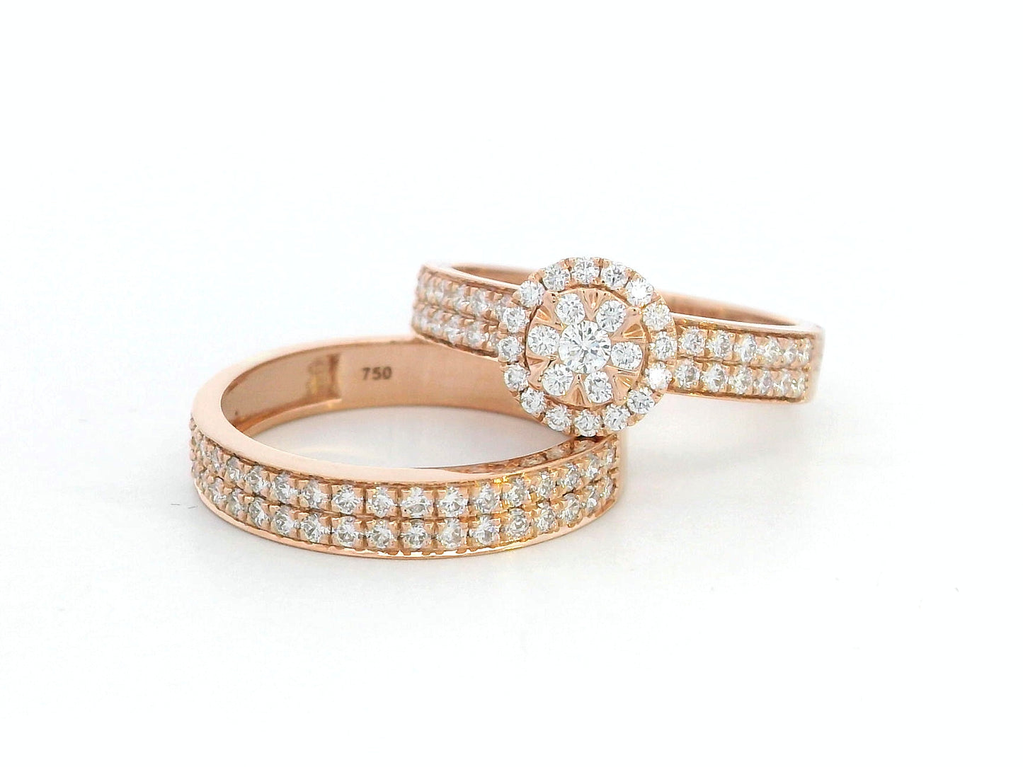18K rose gold bridal set with floral diamond cluster engagement ring and pavé-set wedding band – 1.03 carats