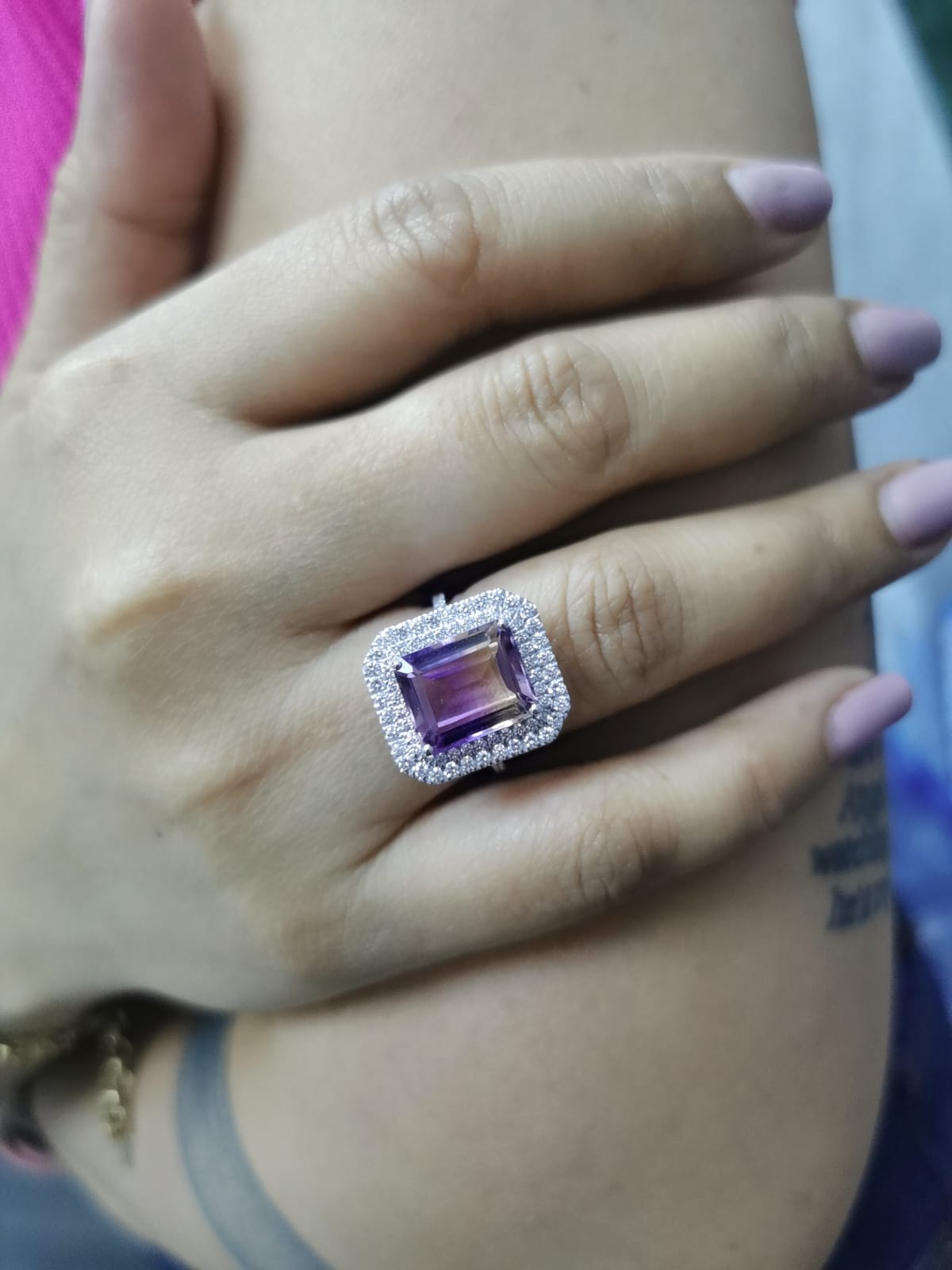 18K white gold Ametrine and diamond double halo ring featuring 5.38-carat emerald-cut gemstone