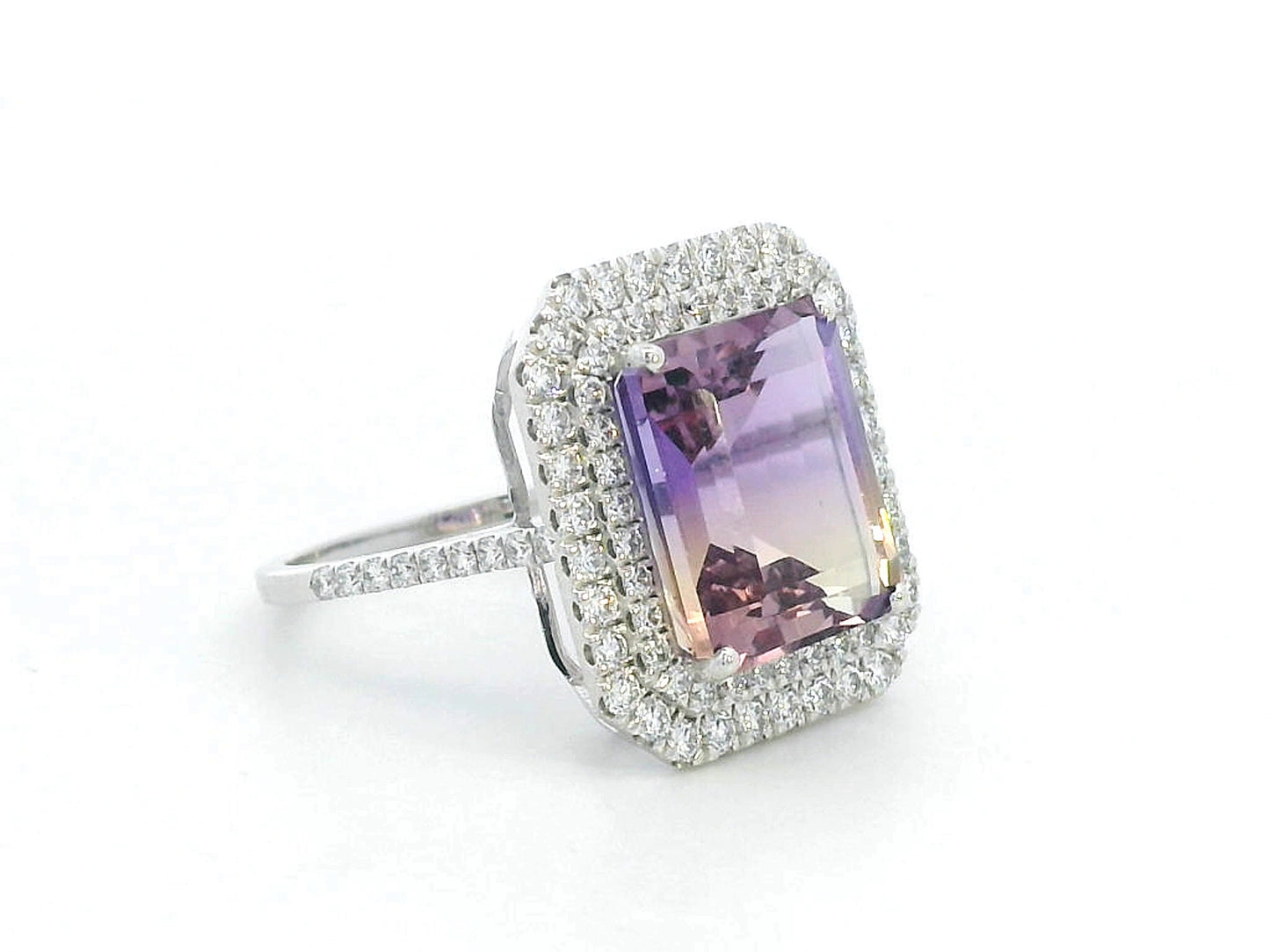 18K White Gold Ametrine and Diamond Cocktail Ring with double halo – 5.38 carat ametrine center and 0.89 carat diamonds