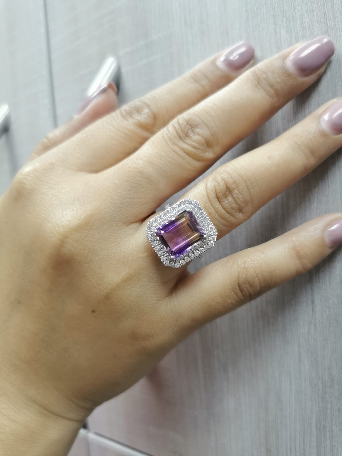 18K White Gold Ametrine and Diamond Cocktail Ring with double halo – 5.38 carat ametrine center and 0.89 carat diamonds