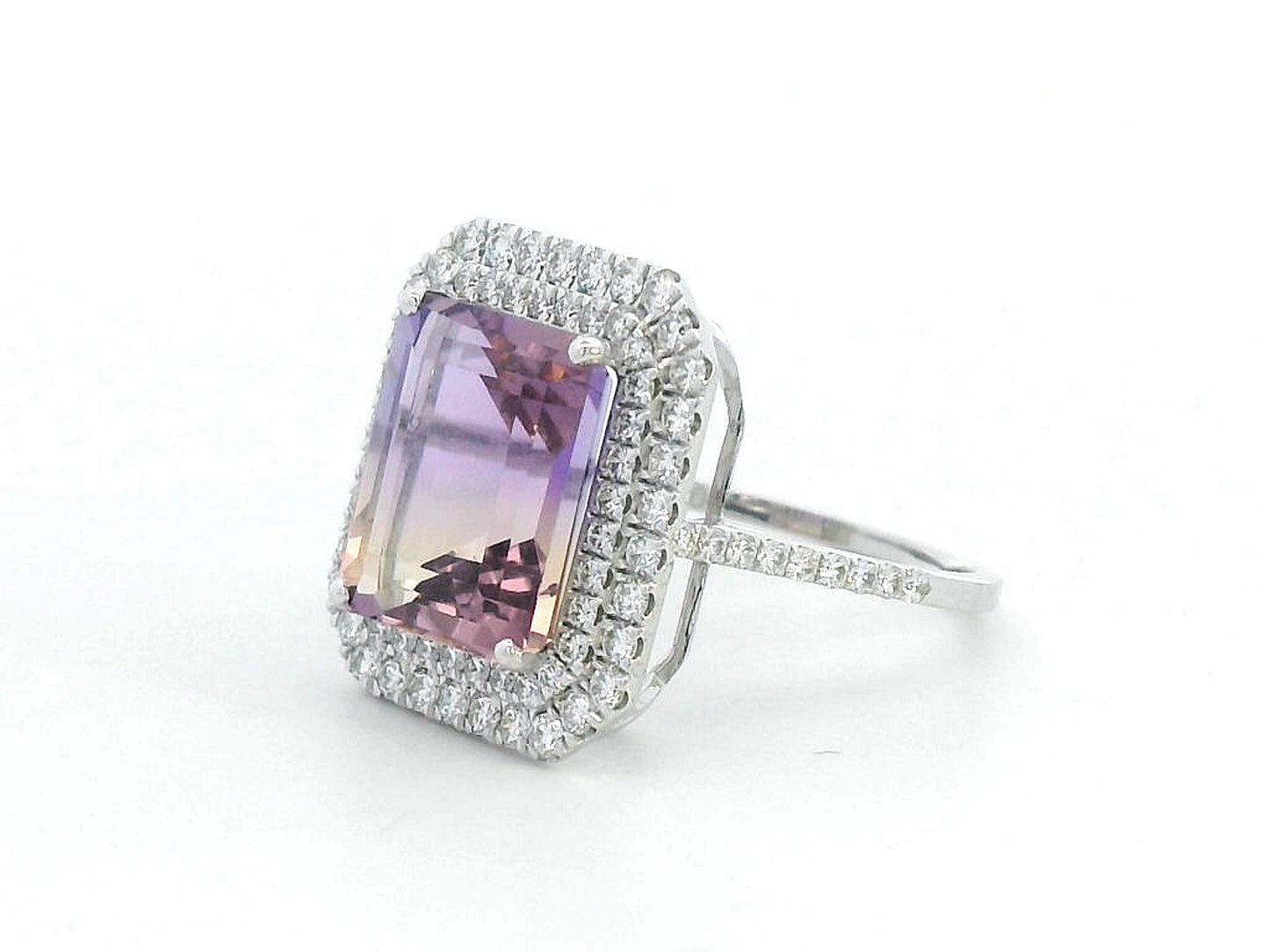 18K white gold Ametrine and diamond double halo ring featuring 5.38-carat emerald-cut gemstone