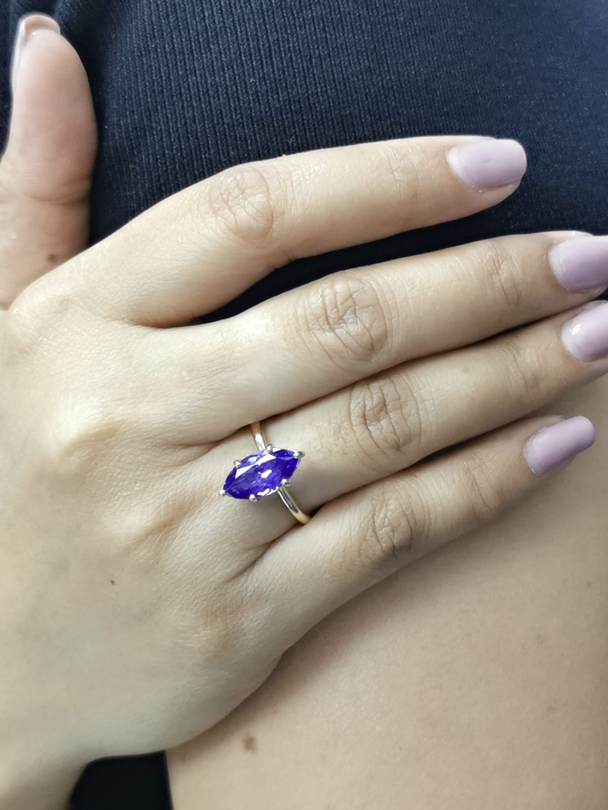 3.56 Carat Marquise Tanzanite Ring in 18K Yellow Gold with Hidden Diamond Halo