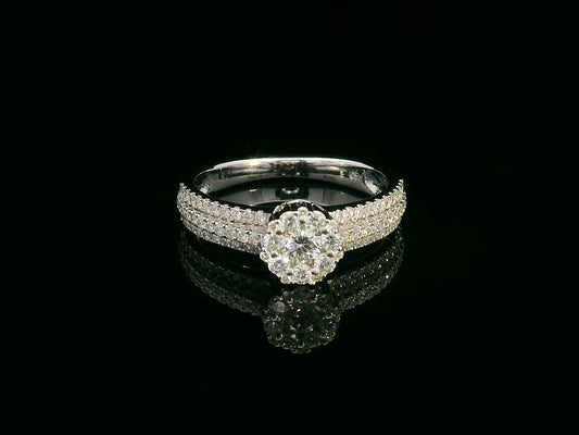 18K gold diamond cluster engagement ring with triple-row diamond band and 0.70ct total diamond weight