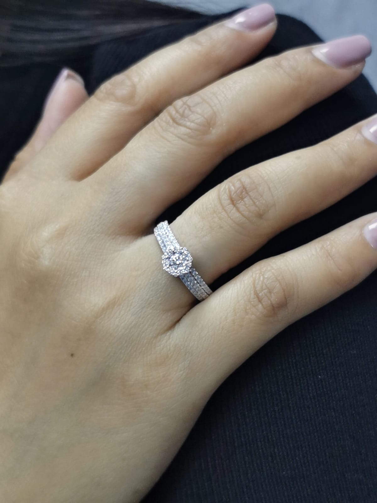 18K gold diamond cluster engagement ring with triple-row diamond band and 0.70ct total diamond weight
