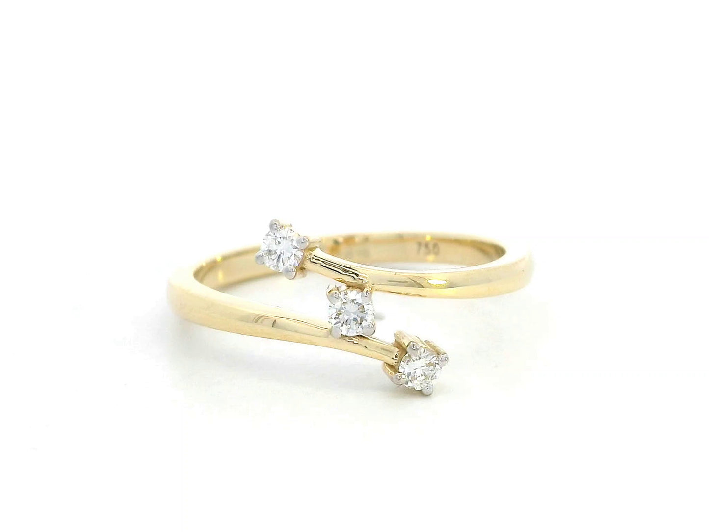 18K gold open bypass ring with three round diamonds totaling 0.13ct, minimalist modern design