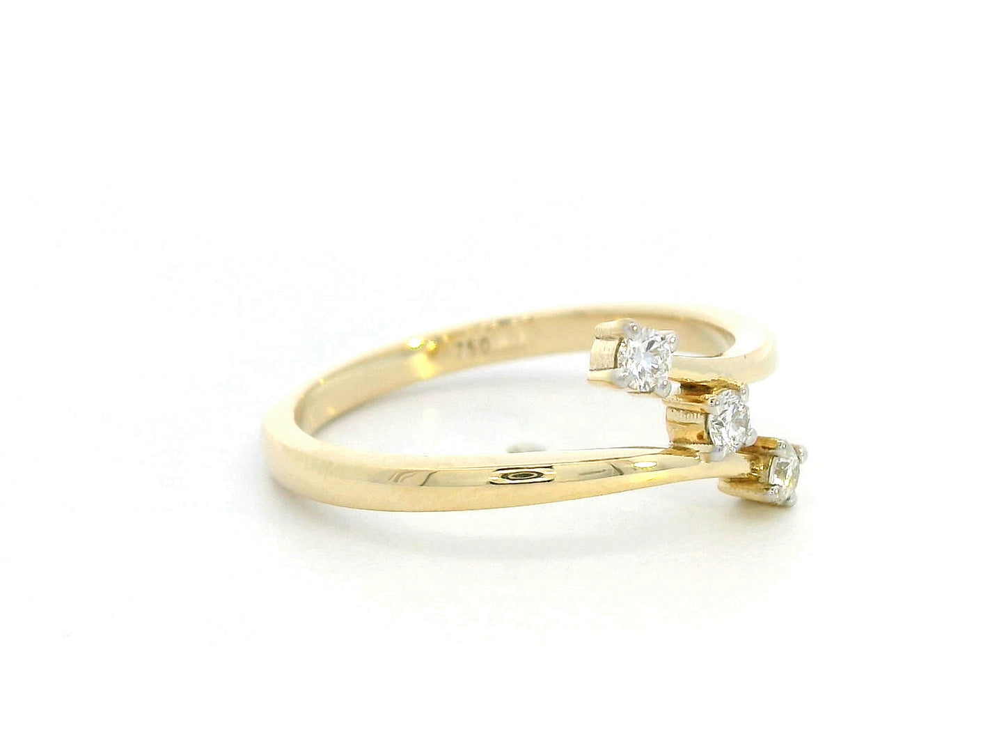 18K gold open bypass ring with three round diamonds totaling 0.13ct, minimalist modern design
