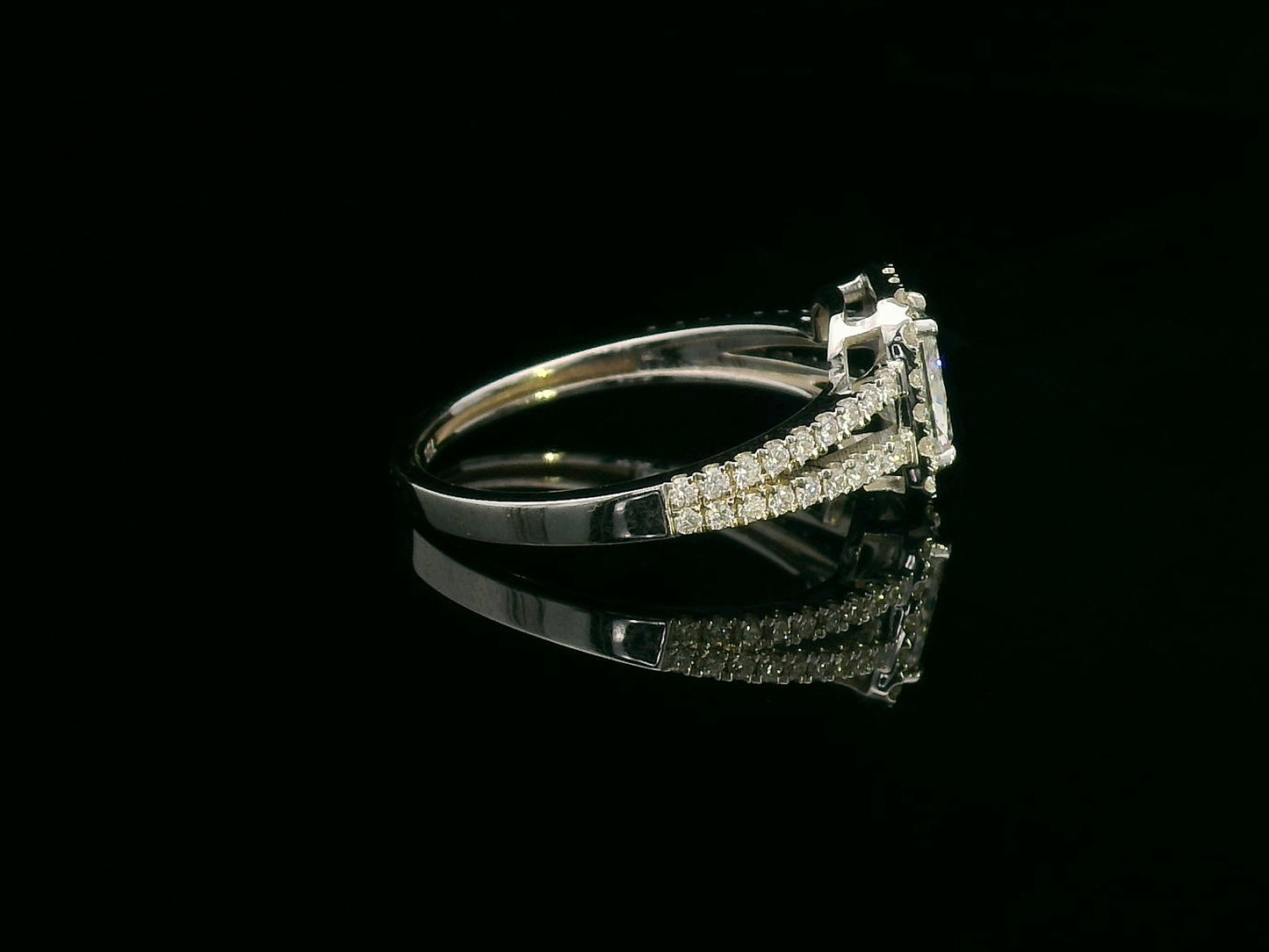 Radiant cut diamond engagement ring in 18K white gold with halo and split shank, 1.32 carat total
