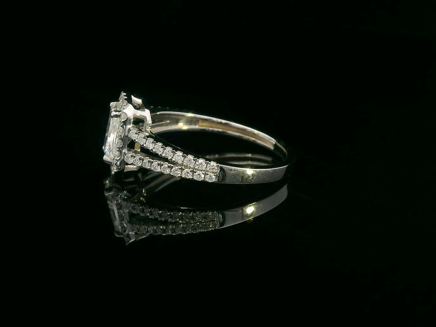 Radiant cut diamond engagement ring in 18K white gold with halo and split shank, 1.32 carat total