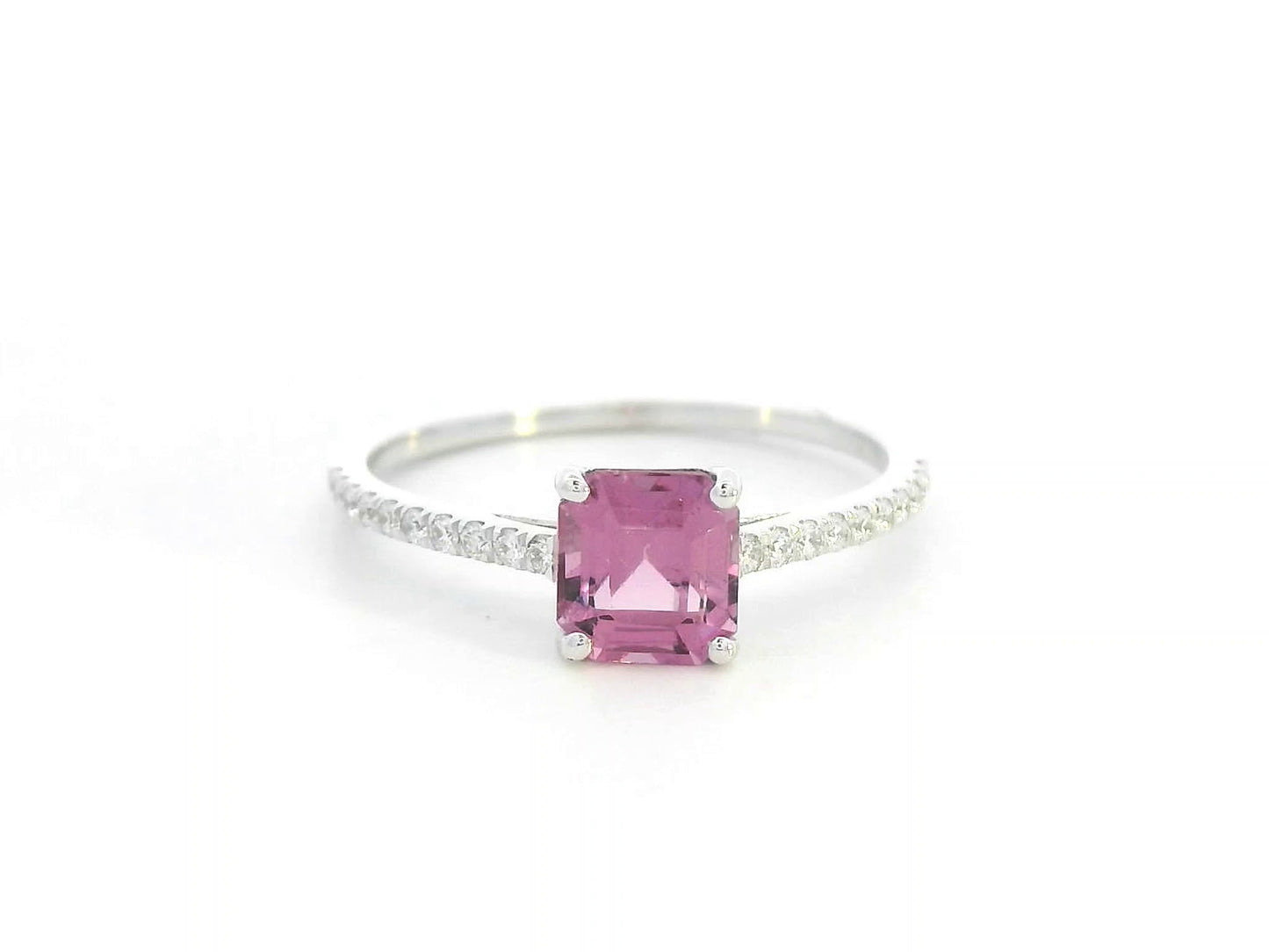 Radiant-cut rhodolite ring in 18K white gold with diamond pavé band – 1.09ct center, 0.15ct diamonds