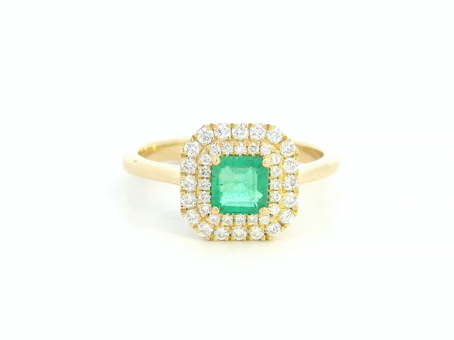 Square-cut emerald ring in 18K yellow gold with double diamond halo – 0.94 carat total