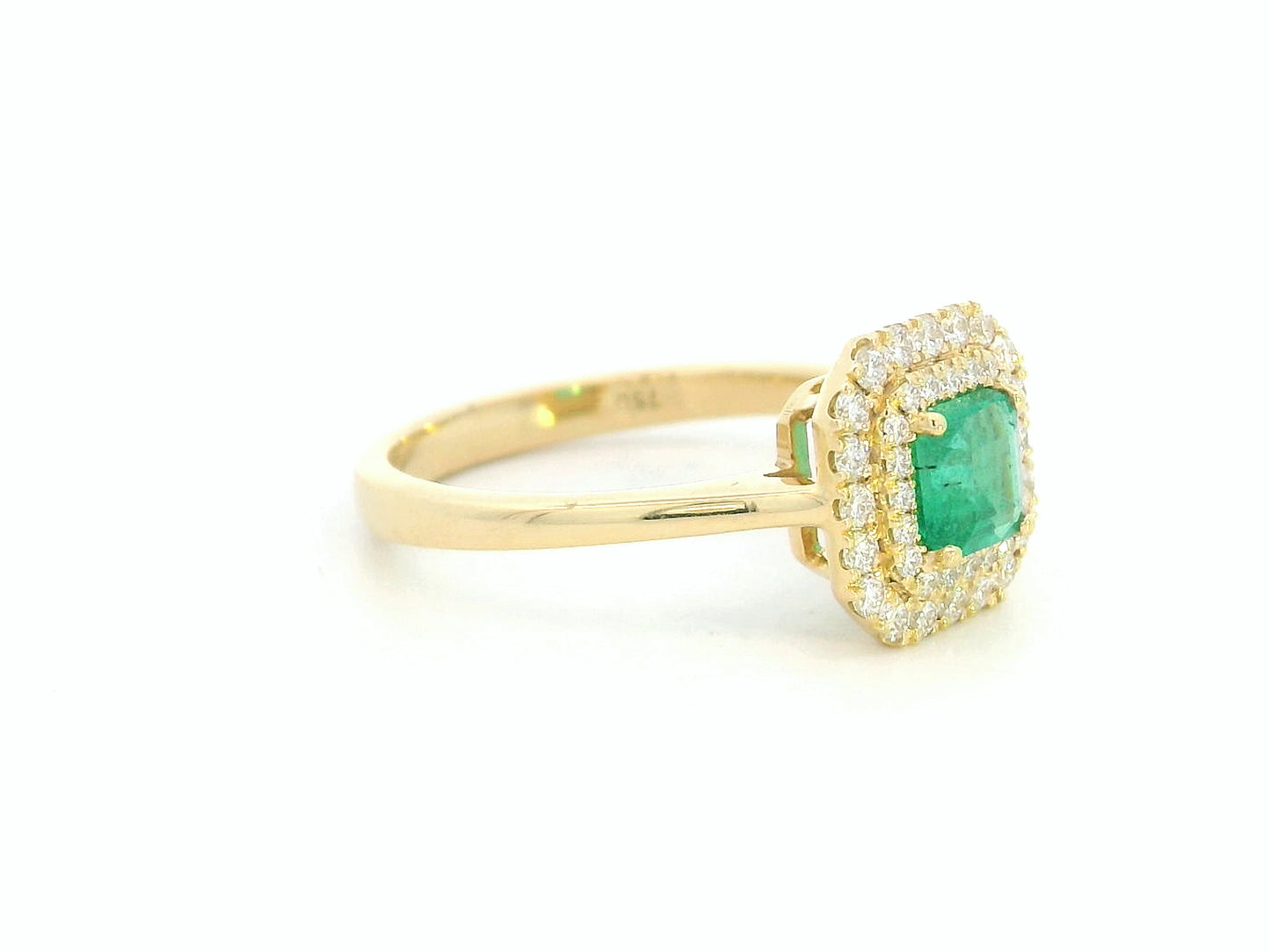 Square-cut emerald ring in 18K yellow gold with double diamond halo – 0.94 carat total
