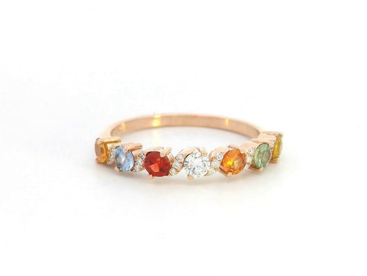 18K rose gold ring with round cut multi-colored sapphires and accent diamonds – rainbow gemstone band