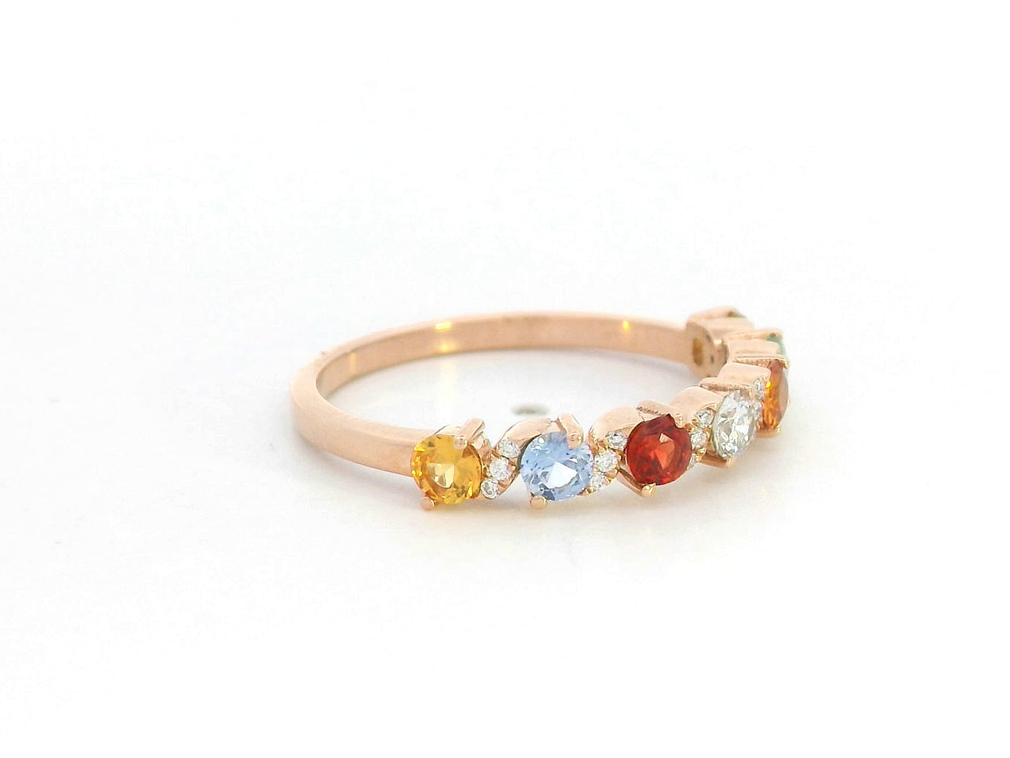 18K rose gold ring with round cut multi-colored sapphires and accent diamonds – rainbow gemstone band