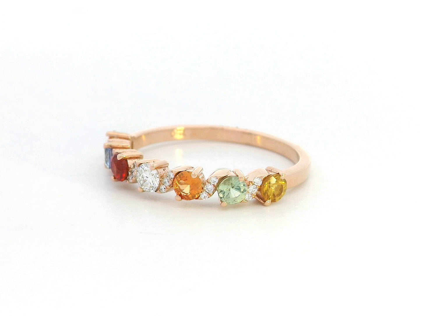 18K rose gold ring with round cut multi-colored sapphires and accent diamonds – rainbow gemstone band