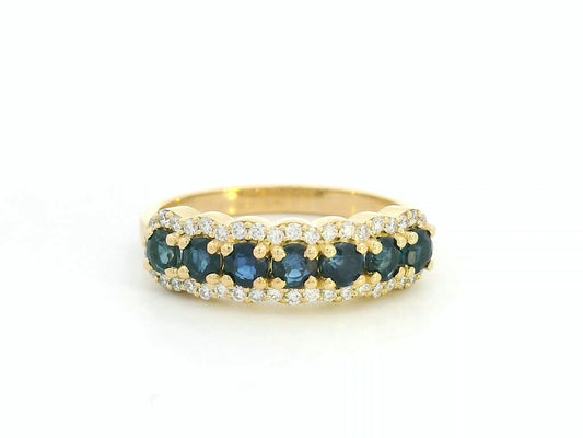 18K yellow gold half eternity ring with round blue sapphires and diamond accents on both sides