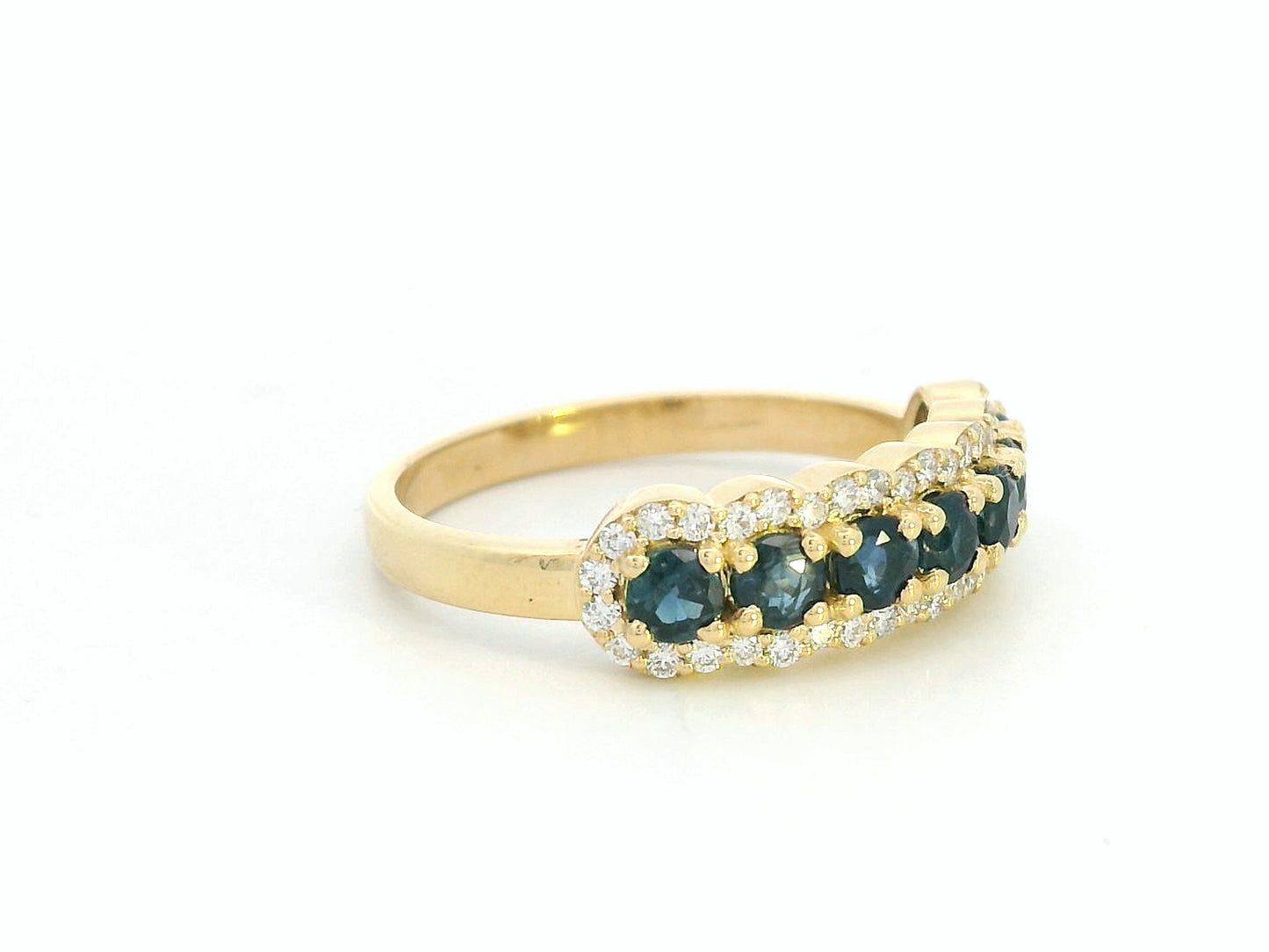 18K yellow gold half eternity ring with round blue sapphires and diamond accents on both sides