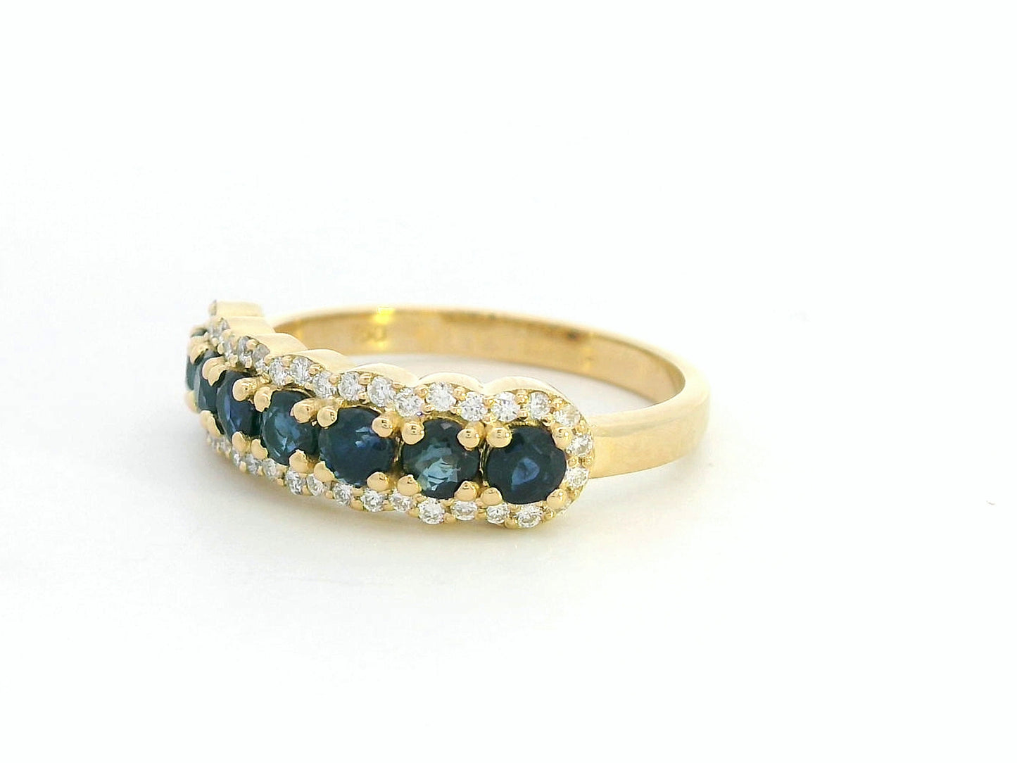 18K yellow gold half eternity ring with round blue sapphires and diamond accents on both sides
