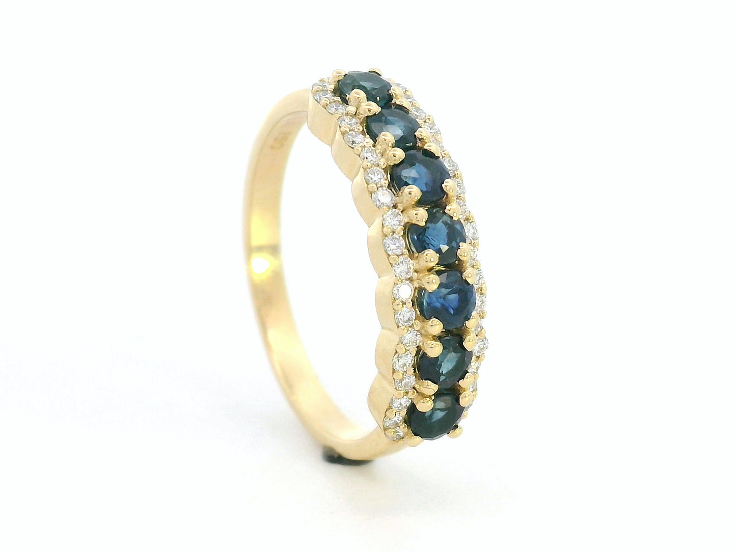18K yellow gold half eternity ring with round blue sapphires and diamond accents on both sides