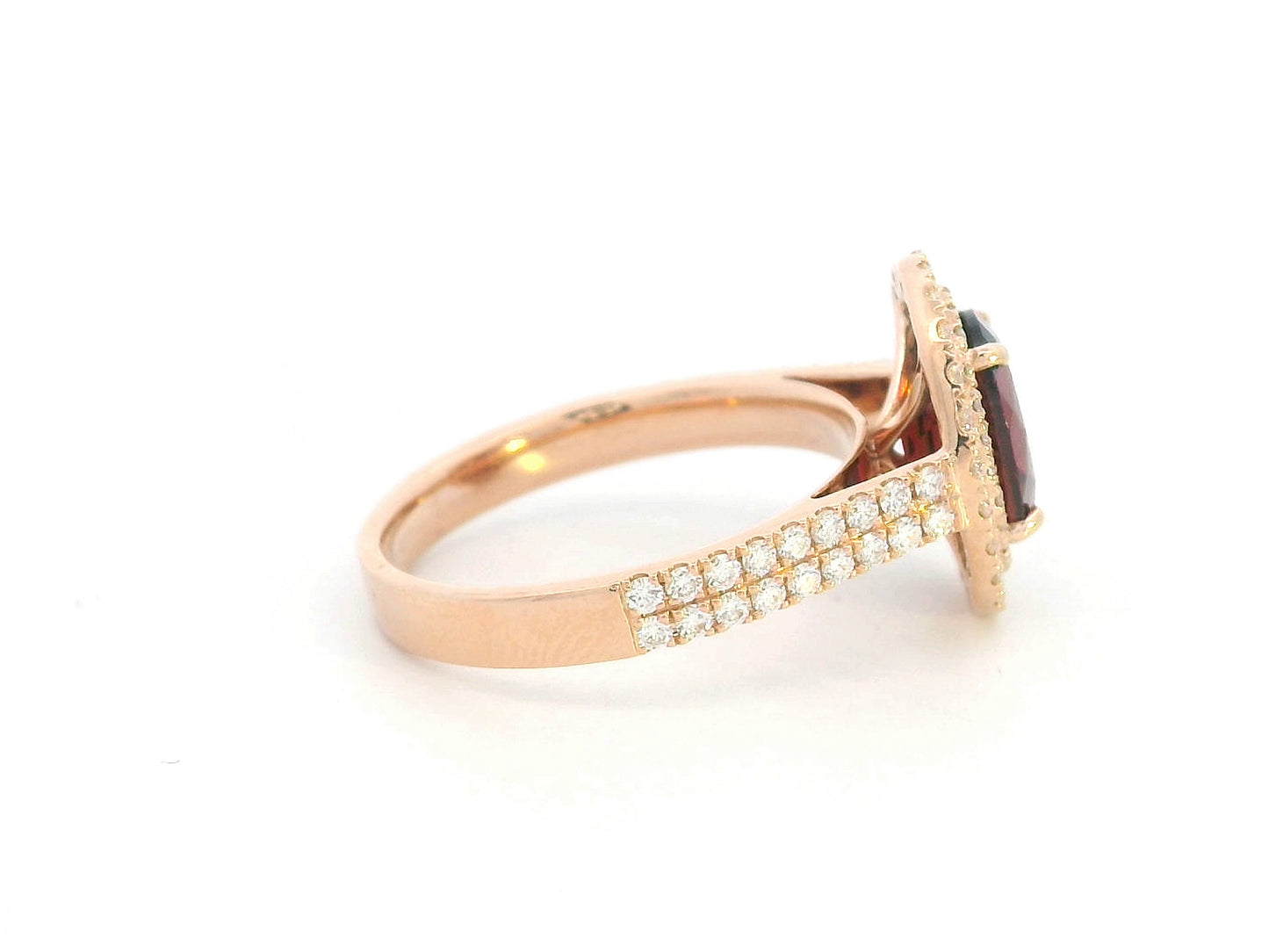 18K rose gold ring with oval garnet and double diamond halo – 2.24ct garnet, 0.63ct diamonds