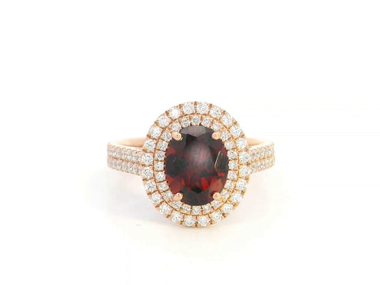18K rose gold ring with oval garnet and double diamond halo – 2.24ct garnet, 0.63ct diamonds