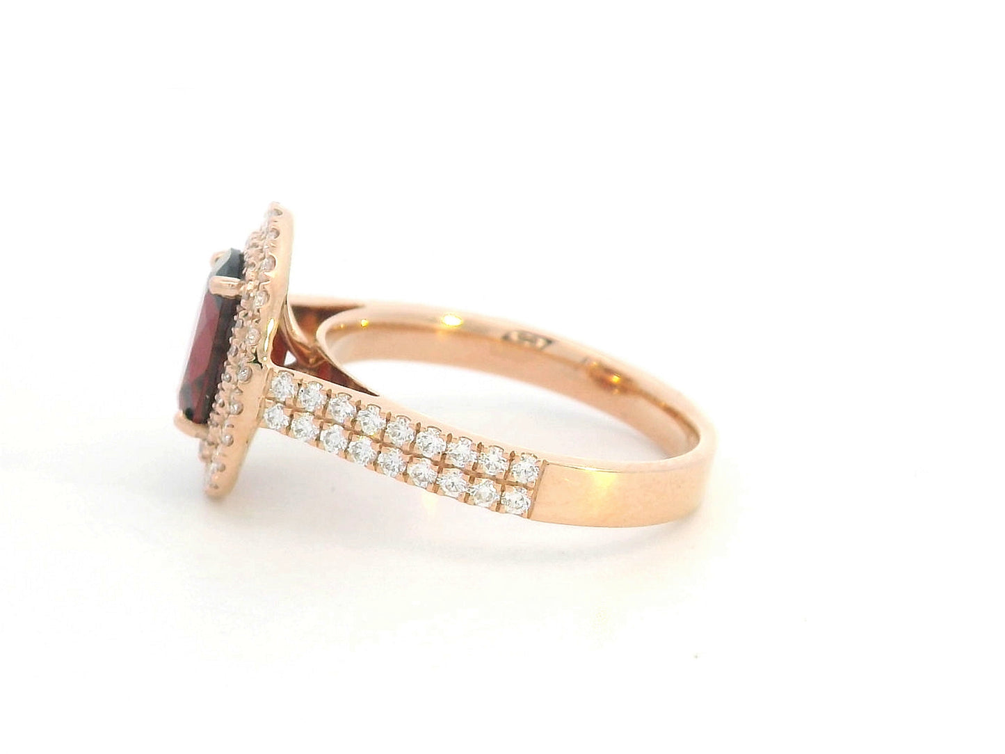18K rose gold ring with oval garnet and double diamond halo – 2.24ct garnet, 0.63ct diamonds