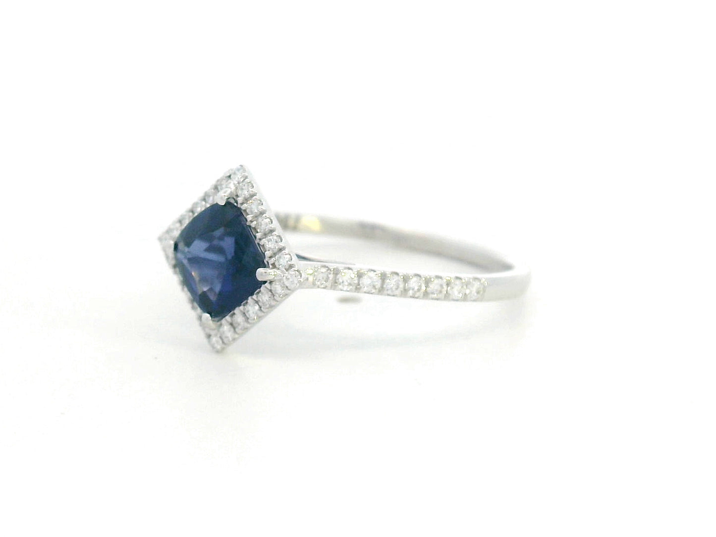 18K White Gold Blue Sapphire Ring with Diamond Halo –