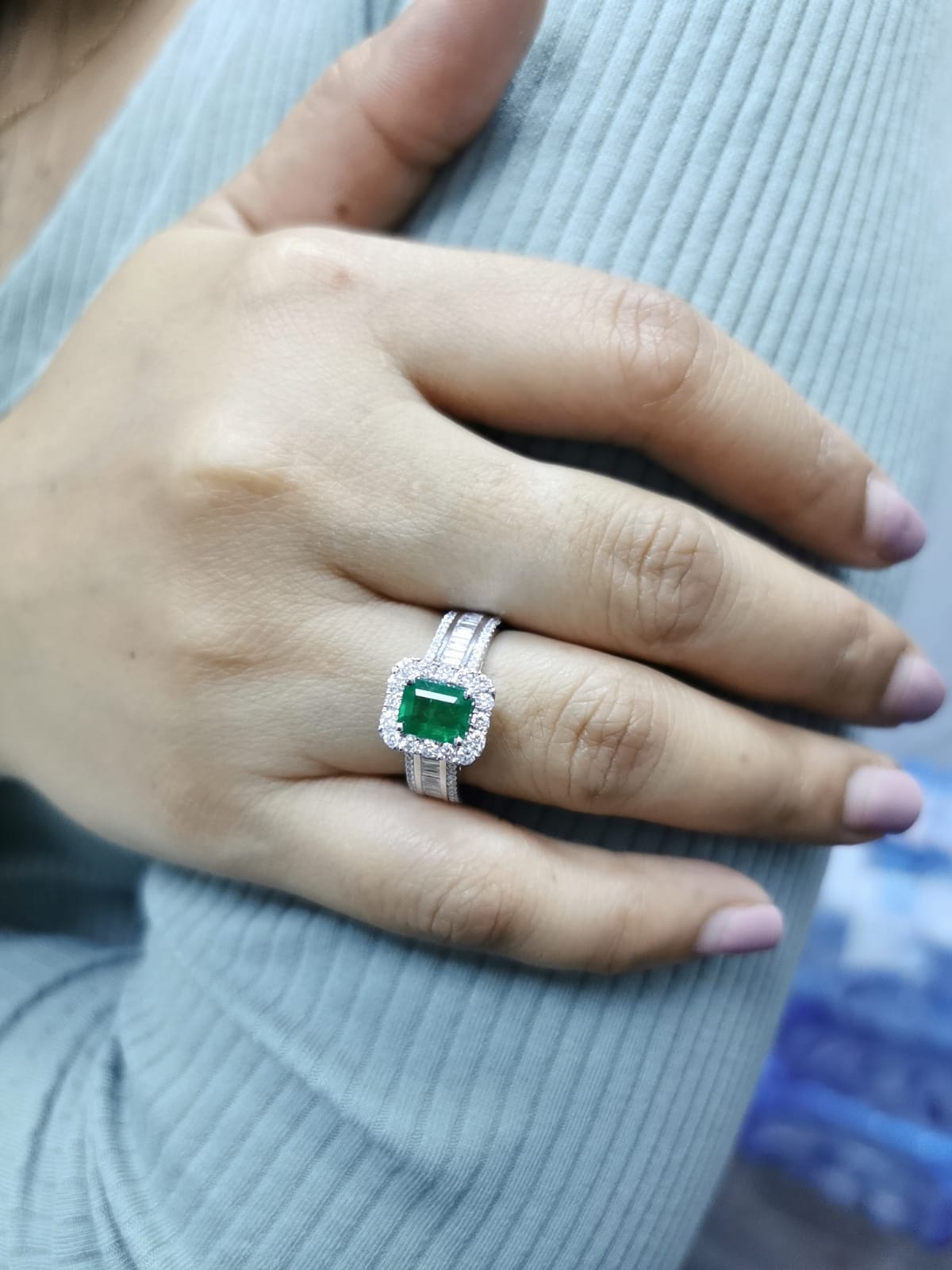 18K White Gold Emerald-Cut Emerald and Diamond Halo Ring with Baguette Accents
