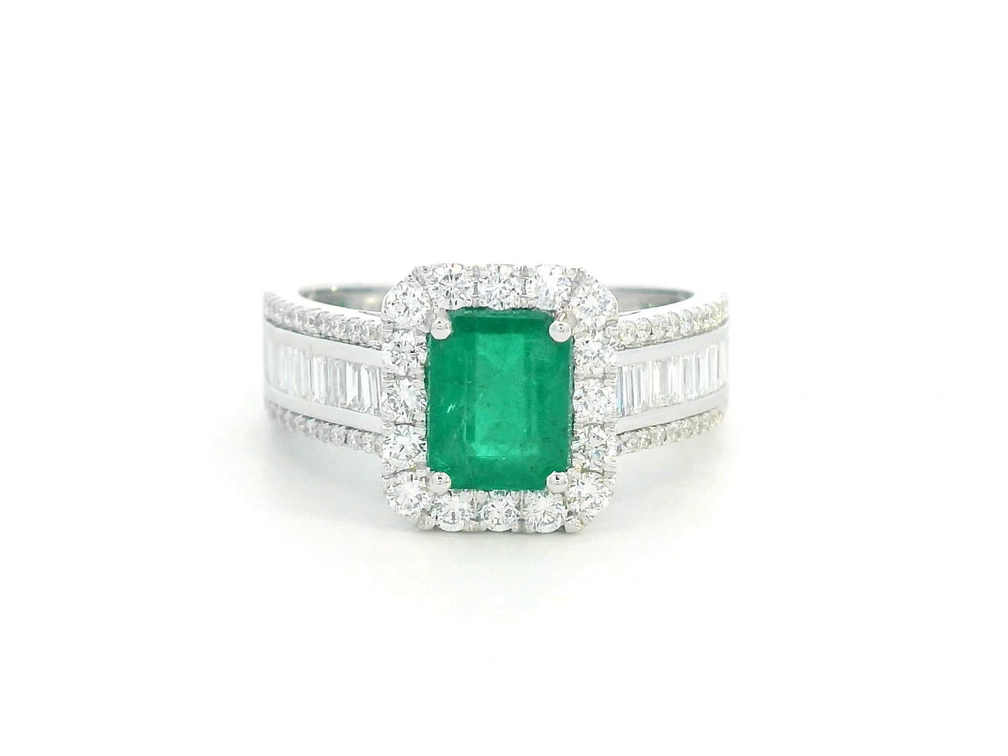 18K White Gold Emerald-Cut Emerald and Diamond Halo Ring with Baguette Accents