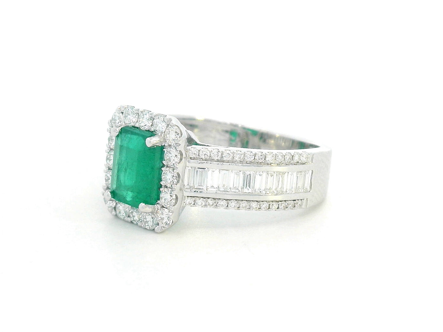 18K White Gold Emerald-Cut Emerald and Diamond Halo Ring with Baguette Accents