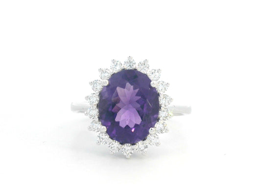 18K White Gold Oval Amethyst Ring with Sunburst Diamond Halo