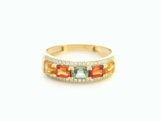 18K yellow gold band ring with emerald-cut multicolor sapphires and round diamond accents