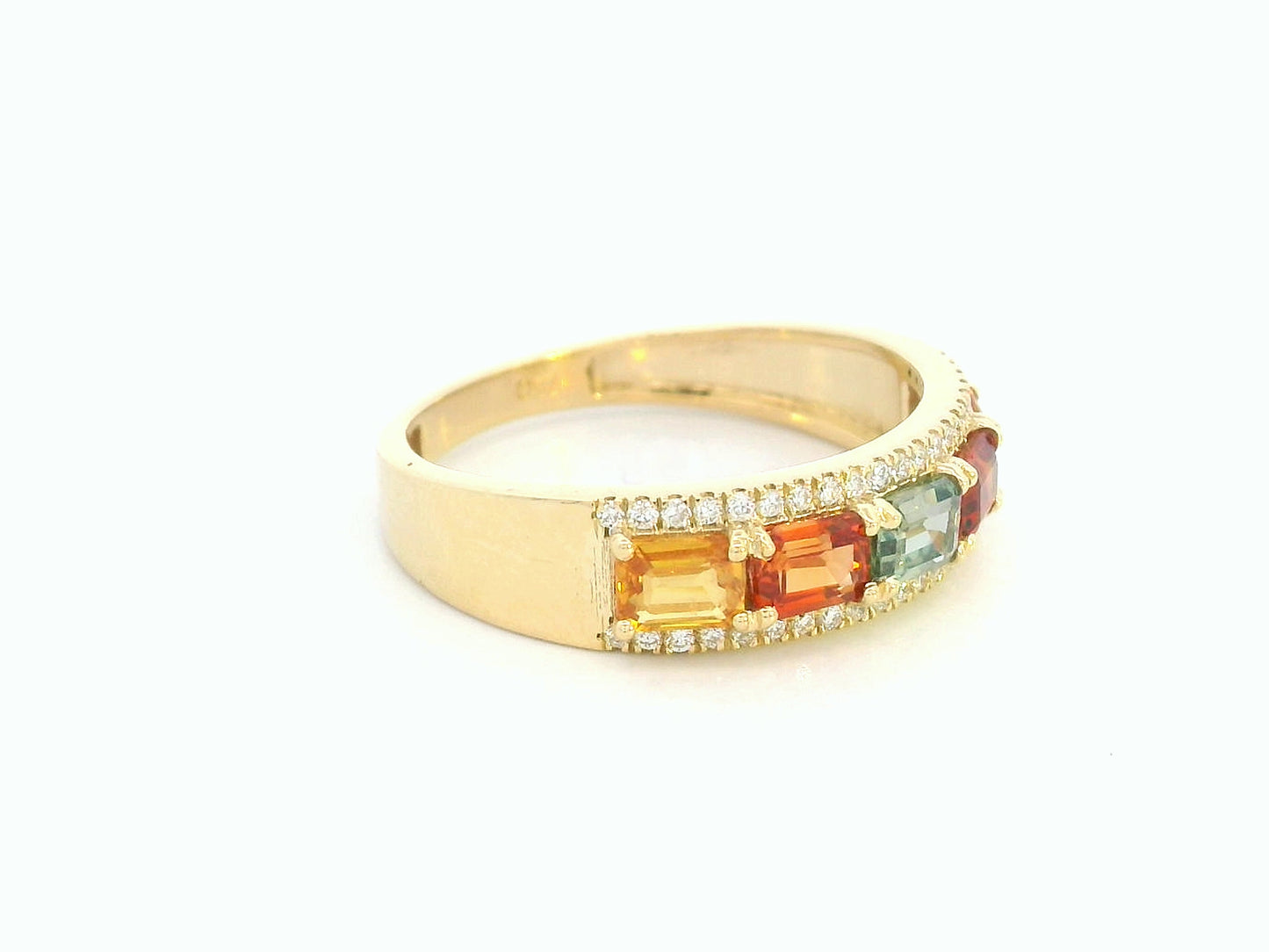 18K yellow gold band ring with emerald-cut multicolor sapphires and round diamond accents