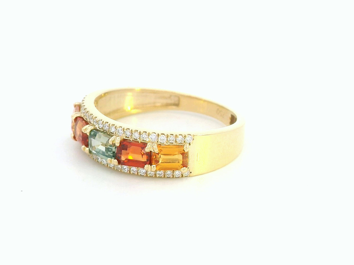 18K yellow gold band ring with emerald-cut multicolor sapphires and round diamond accents