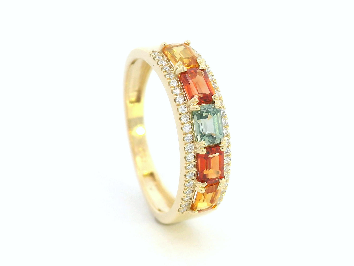 18K yellow gold band ring with emerald-cut multicolor sapphires and round diamond accents