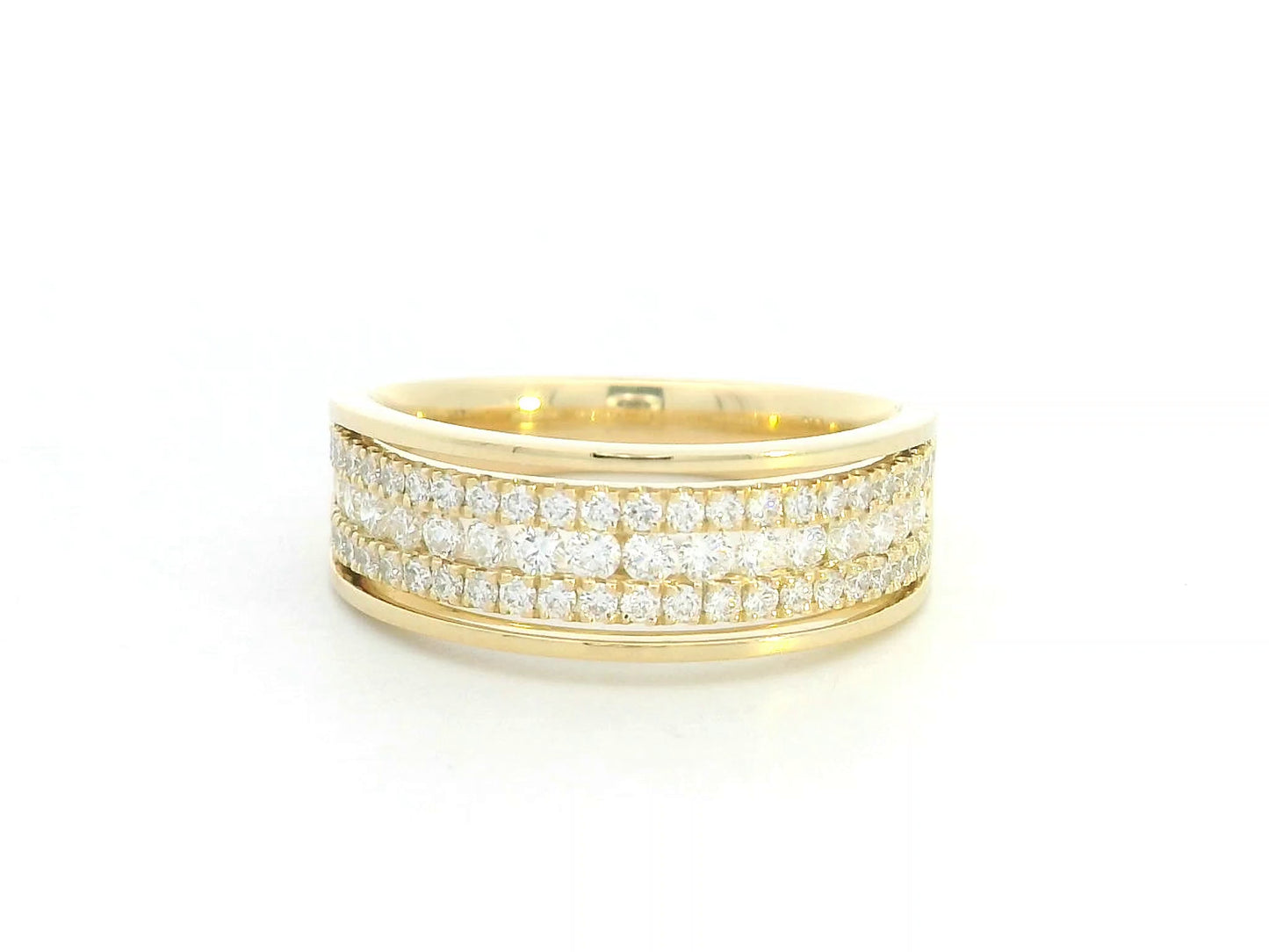18K gold wide band ring with three rows of diamonds and two polished gold borders – 0.72ct