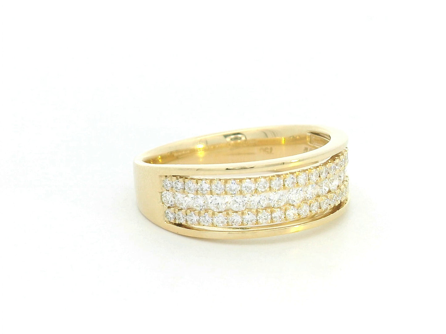 18K gold wide band ring with three rows of diamonds and two polished gold borders – 0.72ct