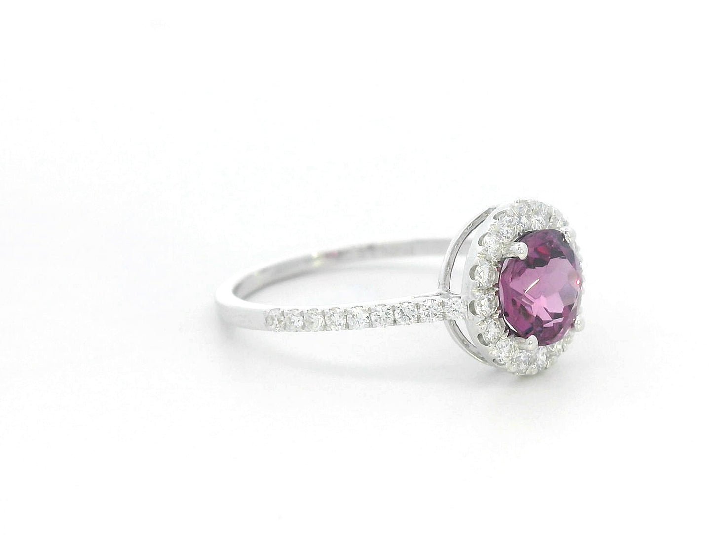 Round Rhodolite halo ring in 18K white gold with diamond-accented band – 1.35ct center, 0.40ct total diamonds