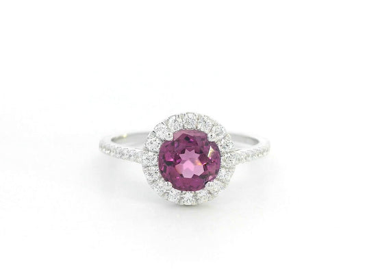 Round Rhodolite halo ring in 18K white gold with diamond-accented band – 1.35ct center, 0.40ct total diamonds